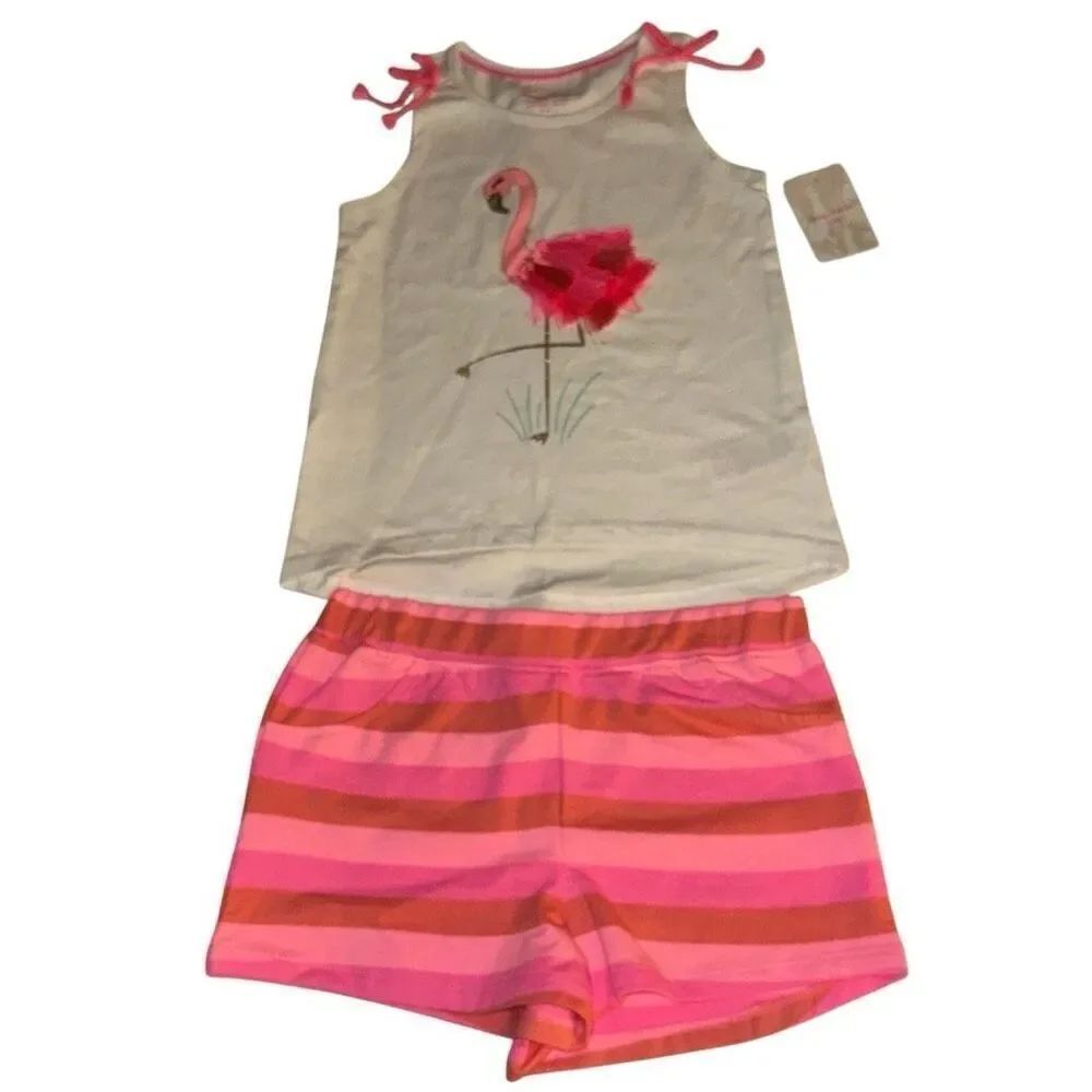 *New* Tommy Bahama White Pink Flamingo Top & Striped Shorts Girls 5/6
